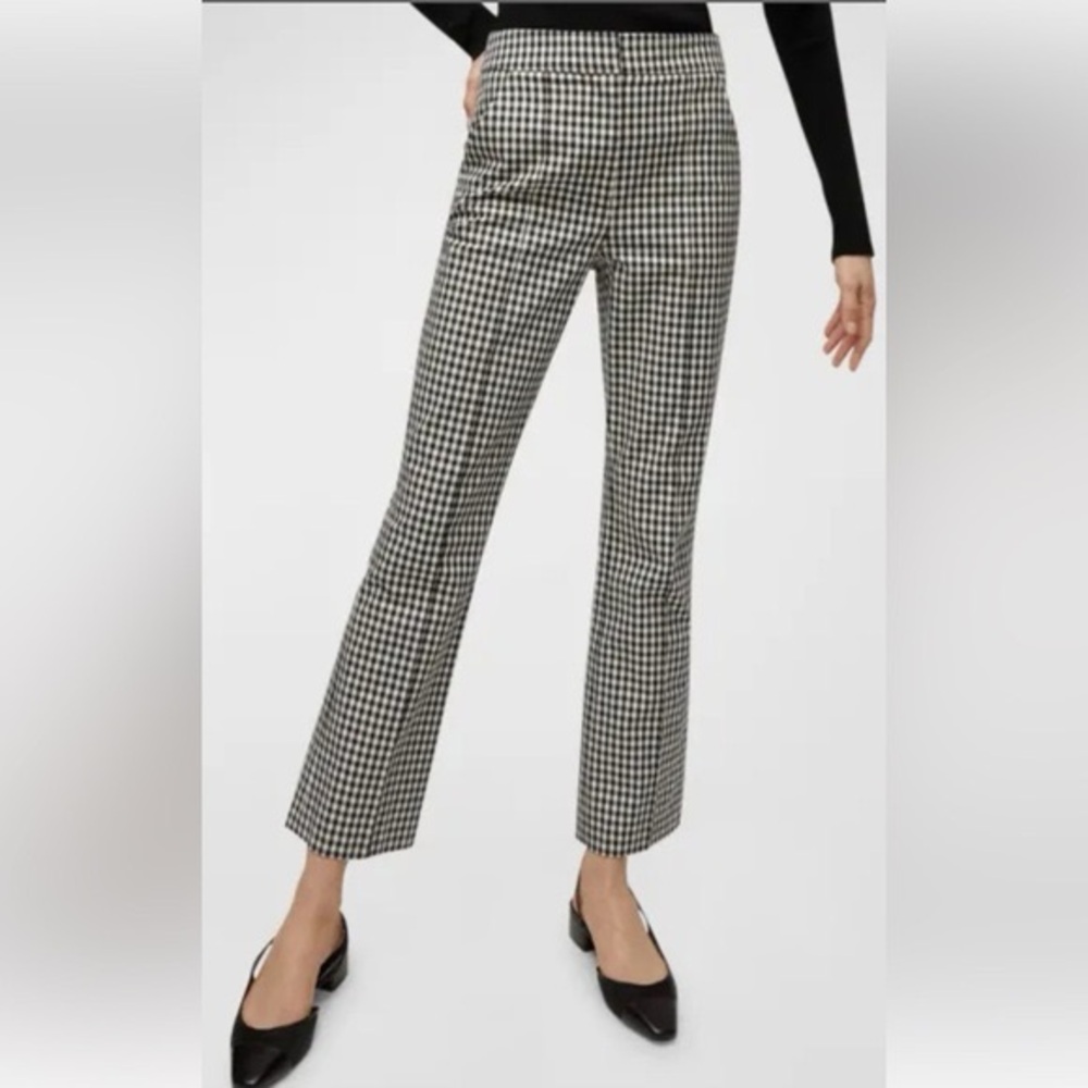 Theory Navy Blue and Ecru Gingham/Checkered Flare Stretch Dress Pants 2 EUC